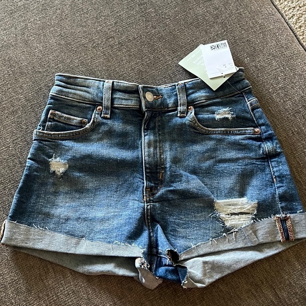 H&M Blue Distressed High-Waist Denim Jean Shorts